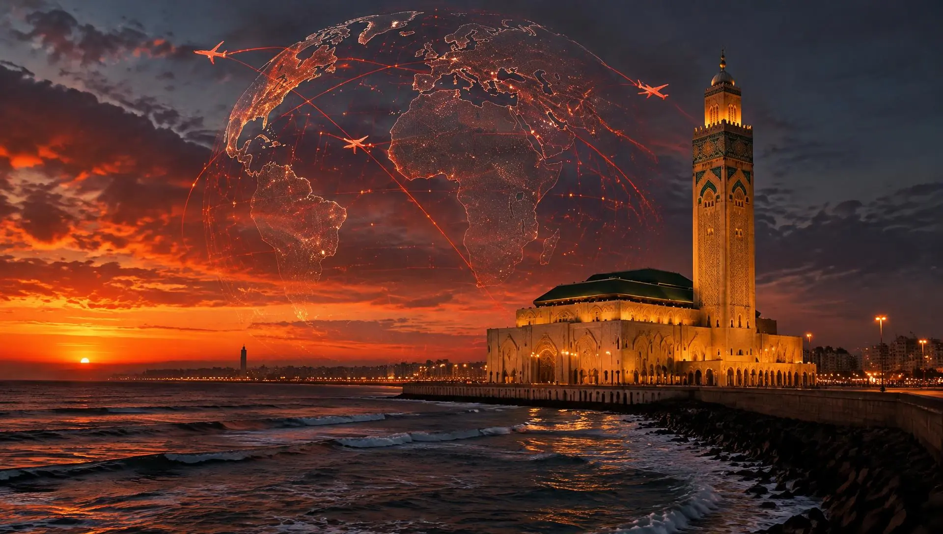 Hassan II Mosque on the Casablanca waterfront at dusk